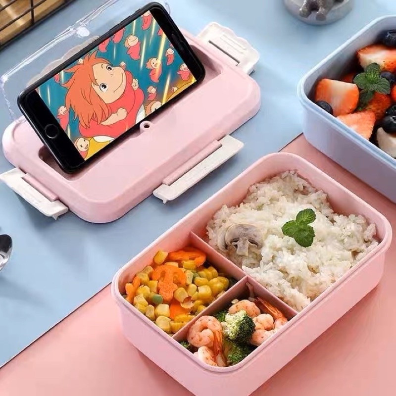 KOTAK MAKAN JERAMI GANDUM SET 3 WARNA LB-B004 - LUNCH BOX KOTAK BENTO 3 SEKAT FREE SENDOK GARPU