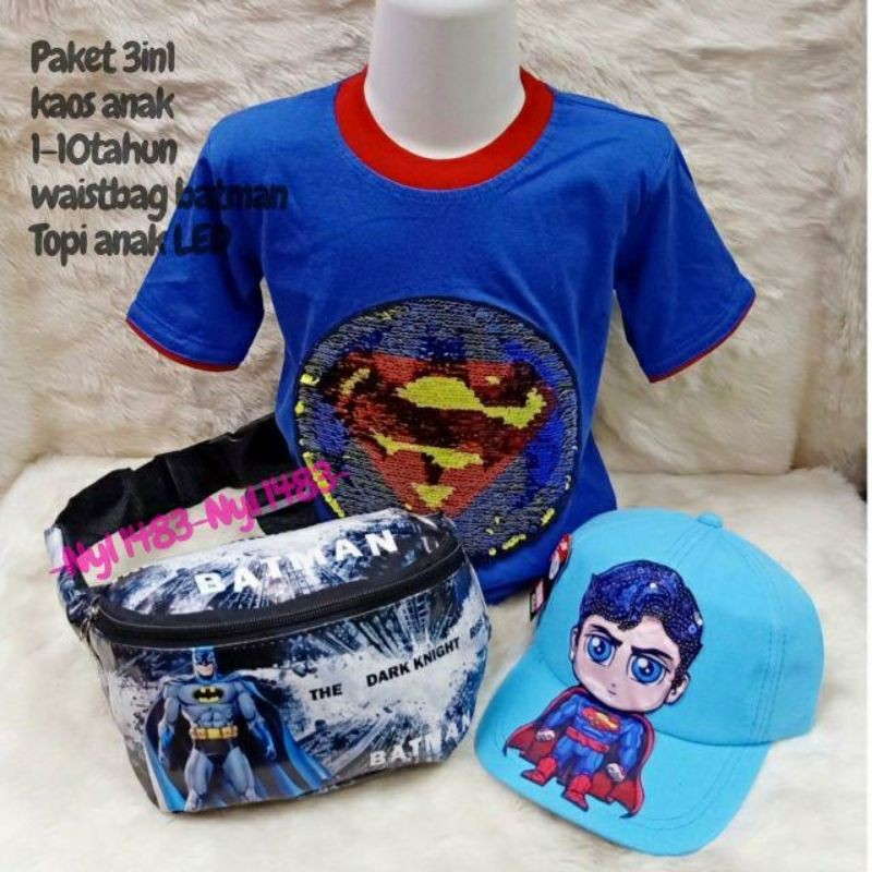 3 in 1 Kaos Usap Anak_Topi_Waistbag Motif Superhero Karakter Foto REALPICT