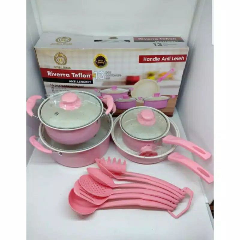 Riverra Teflon Set 13pcs panci marble coating ceramic royal star bmw 13 pcs PINK