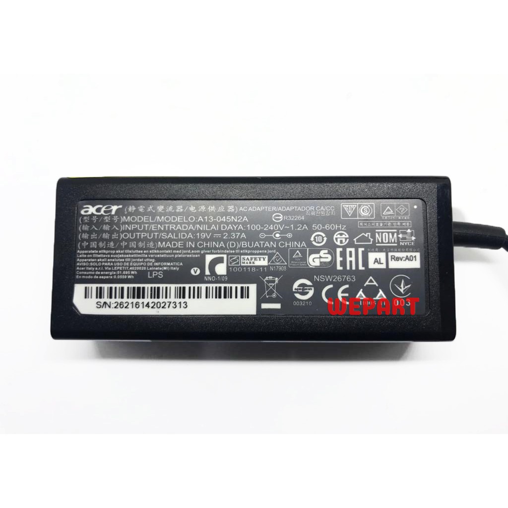 Adaptor Charger Original Laptop Acer Aspire ES1-512 ES1-711 Es1-131 ES1-432 V3 S7 V3-371 19v 2.37a