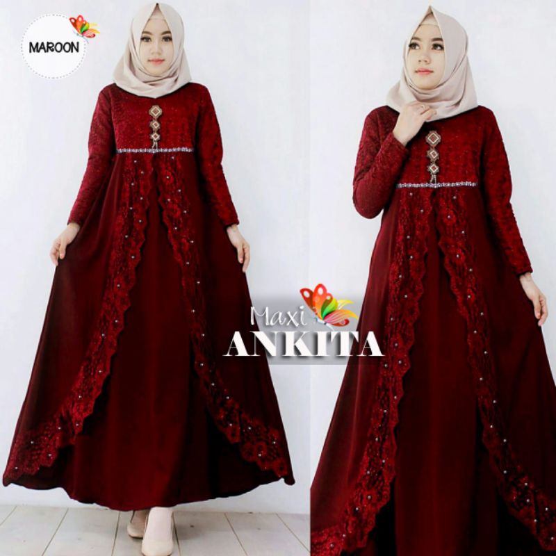 MAXY ANKITA BRUKAT MUTIARA, MOSCREPE PREMIUM, FURING, GAMIS HIJAB MUSLIM, MAXY DRESS