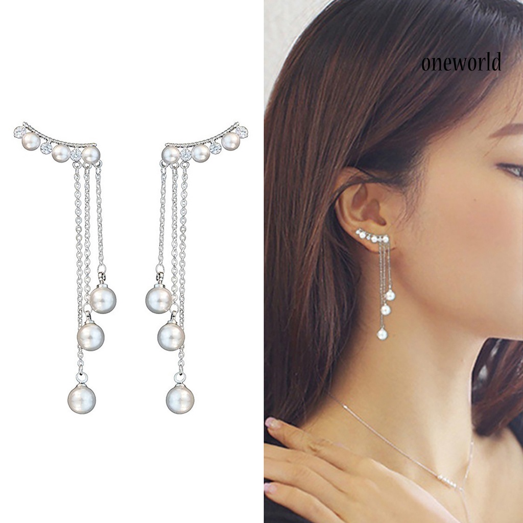 OW@ Earrings Environmental Friendly Elegant Long Style Women Tassel Faux Pearls Earrings for Wedding