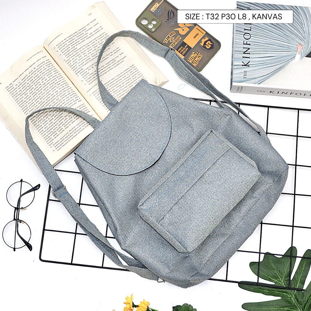 Bayar di Tempat COD Tas Ransel Serut Bahan Kanvas KANTONG Depan Ukuran Medium tas punggung wanita-Warna 640