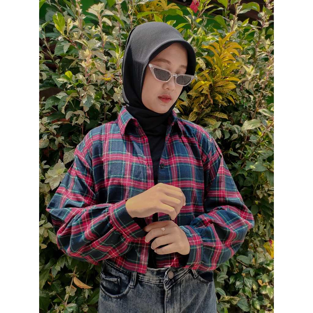 Kemeja Crop Flanel Premium Lengan Balon Kemeja Tartan Shirt