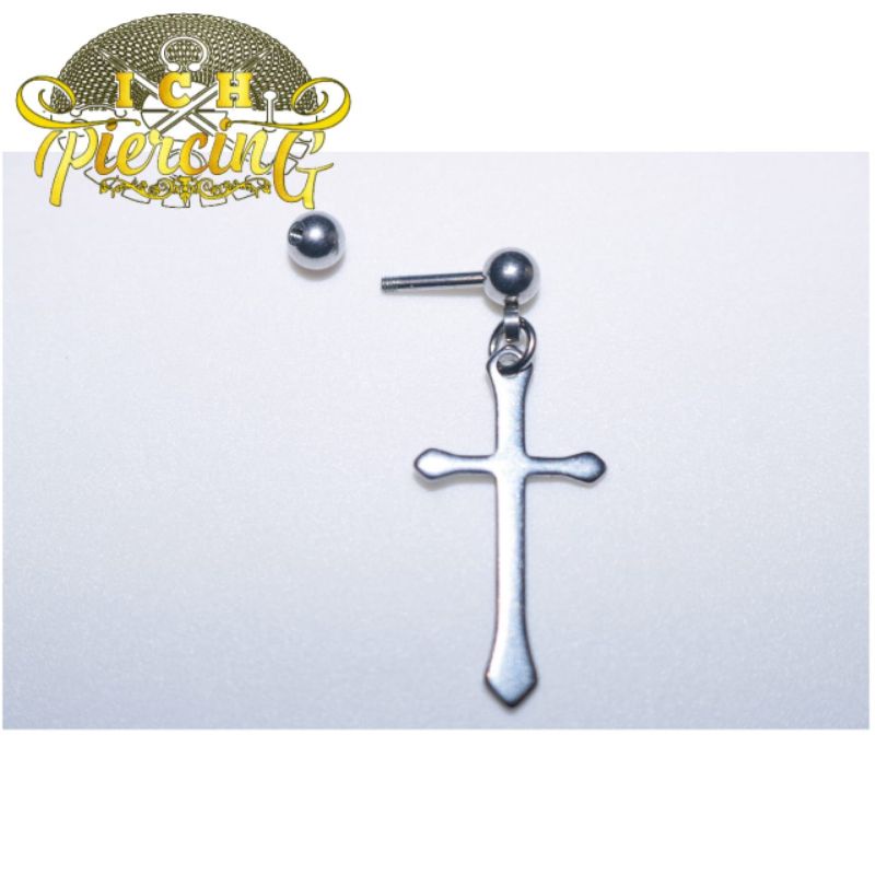 anting titanium salib model barbel / barbel anting wanita / cewe pria