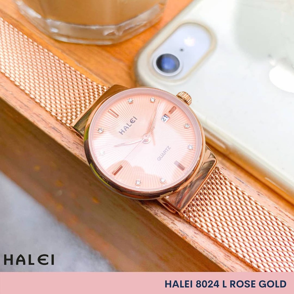 Haleiwatch Original Jam Tangan HALEI Wanita Cantik Elegant Garansi 1 Tahun Rantai Pasir 8024 Full Rosegold-3