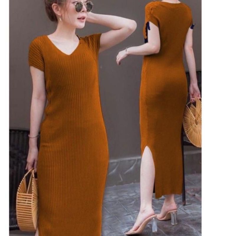 Dress Rajut V-Neck Dress Wanita Tebal