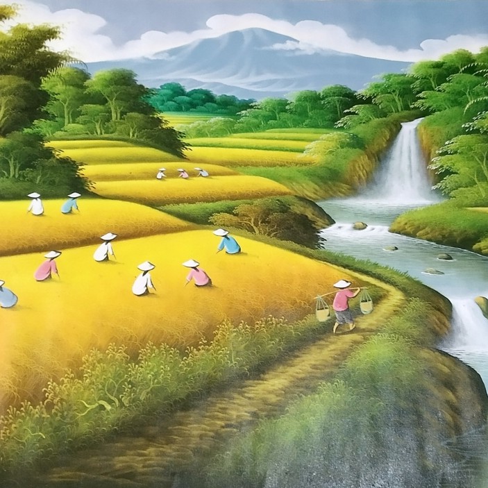Lukisan tema Pemandangan Alam Panen Padi dengan Air Terjun ukuran 1 x 2 meter
