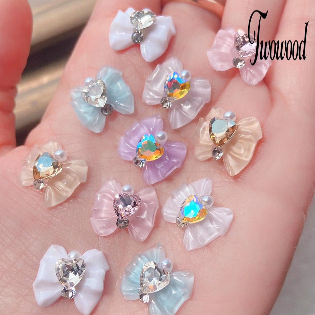 10pcs Charms Berlian Imitasi Bentuk Hati Dan Pita Untuk Dekorasi Nail Art