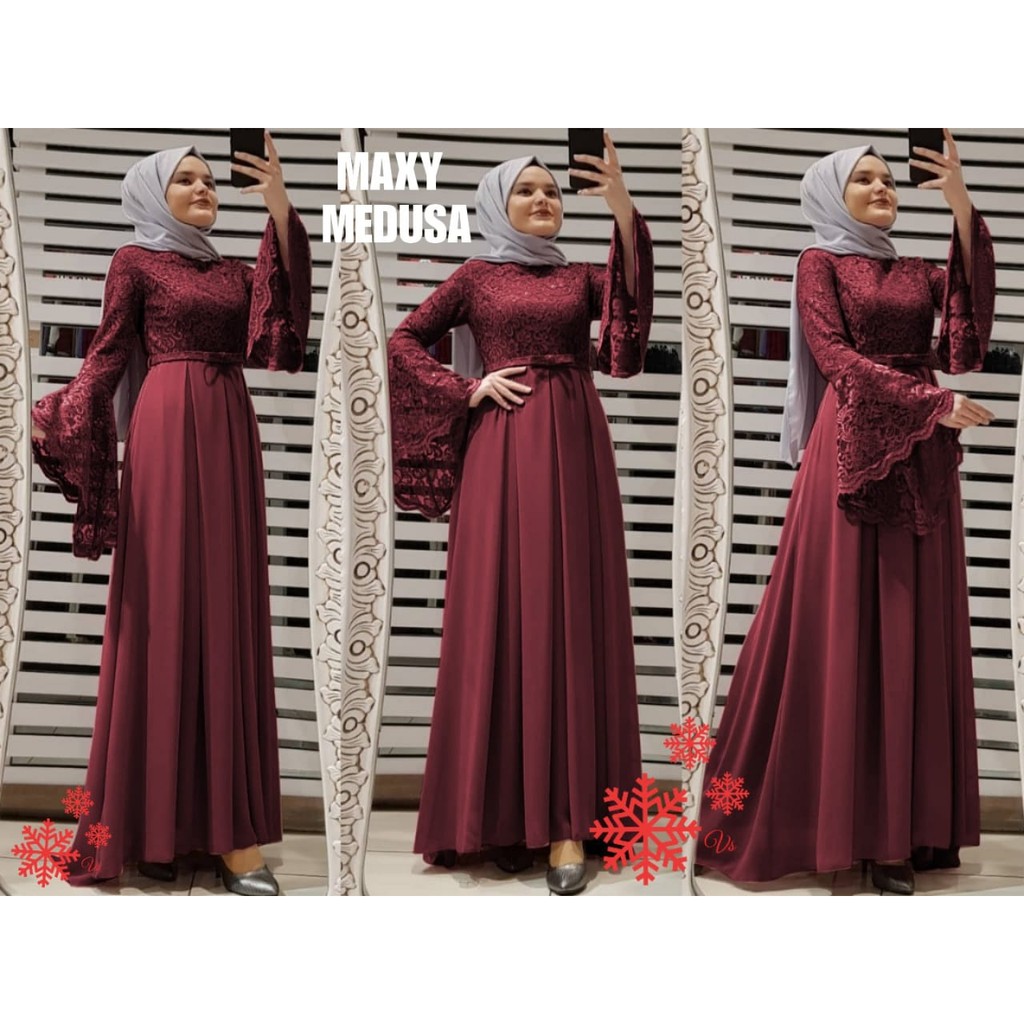 GAMIS BRUKAT MAXI MEDUSA TANGAN TEROMPET KOMBINASI JERSEY BRUKAT PREMIUN