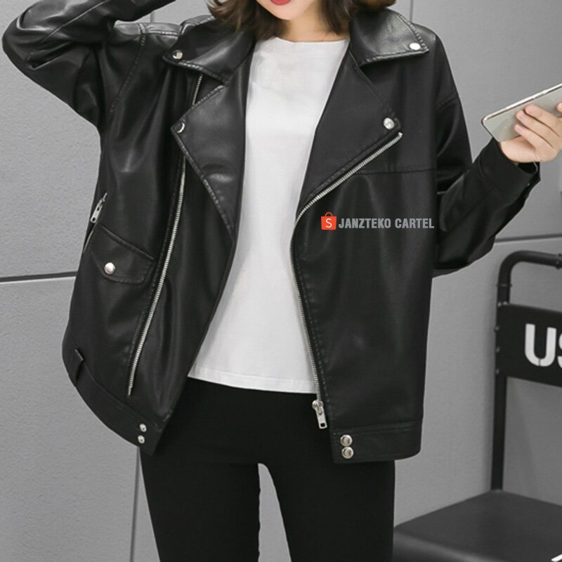 JNK x LODRI - Jaket Kulit Wanita PU Longgar Vintage Jaket Longgar Gaya Jalanan Mode Jaket Ukuran Besar Punk Style Moto High Street Pakaian Kasual Cewek Perempuan Modis Korea KPOP Viral Zipper Leather Jacket Oversize Original Premium Import Acara New 2022