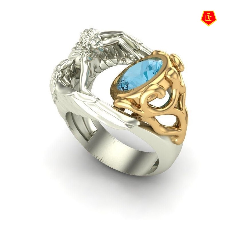 [Ready Stock]Personalized Navy Blue Topaz Angel Wings Ring