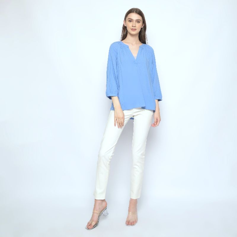 Langit Tekstur - Blouse Lengan Panjang - Atasan Wanita V Neck - Formal Kasual - Katun Biru Polos