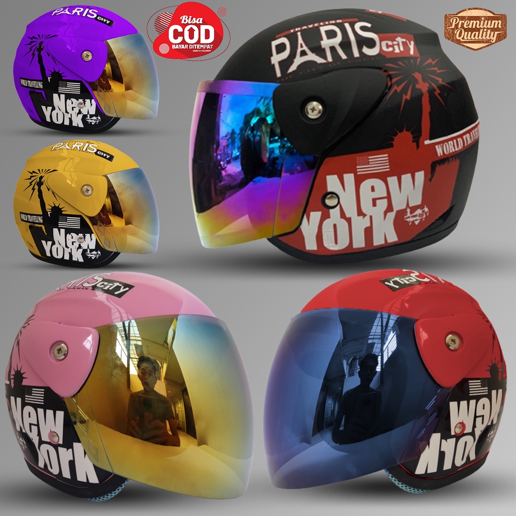 Helm Half Face Dewasa Untuk Pria Dan Wanita Evolution Seperti Helm GM Original Paris Kaca Visor Gold Blue COD Free Packing Box