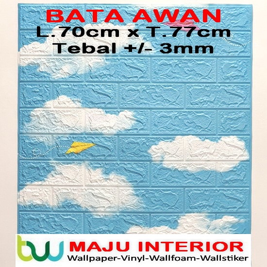 Wallpaper 3D Bata 70x77 cm Walpaper Dinding 3D Brick Foam Motif Anak Doraemon Hello Kitty Stiker-Bata Awan 3mm
