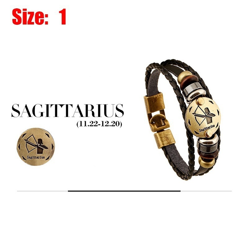 [Z H Perhiasan] Hip Hop Rock Retro Pria Fashion Stainless Steel12Rasi Bintang Multi layer Gelang Kulit Pesta Perhiasan Aksesoris