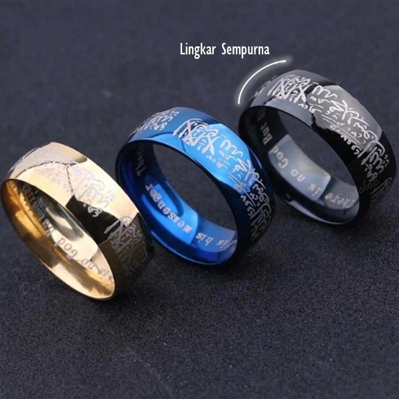 8mm Cincin Tauhid Muslim Pria Wanita Anti Karat Warna Emas Biru Silver Hitam Islami Kaligrafi Hadiah-2