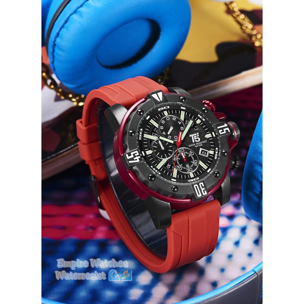 Jam Tangan T5 H3757G H3757 3757 Pria Cowok Analog Chrono dan Tanggal Aktif Strap Rubber Original Wat