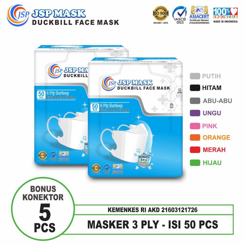 MASKER DUCKBIL JSP SURGICAL MASK.WARNA  . MASKER KESEHATAN IZIN KEMENKES. 1 BOX ISI 50 PCS BONUS KON