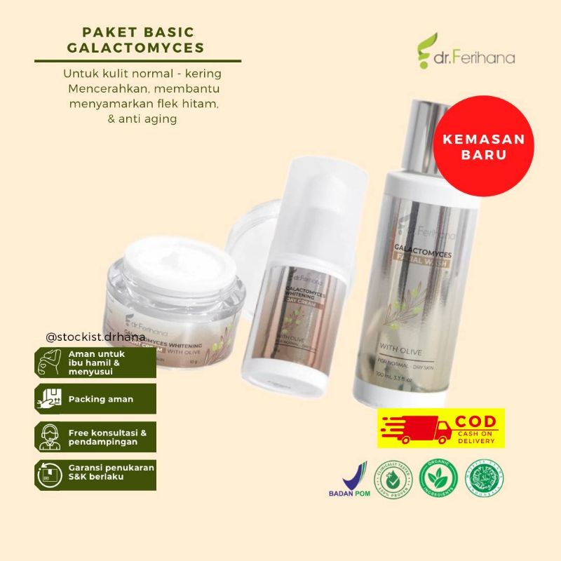 Dr Ferihana Cosmetics Paket Basic Galactomyces Normal to Dry Krim Pencerah Alami Flek Pudar Glowing 