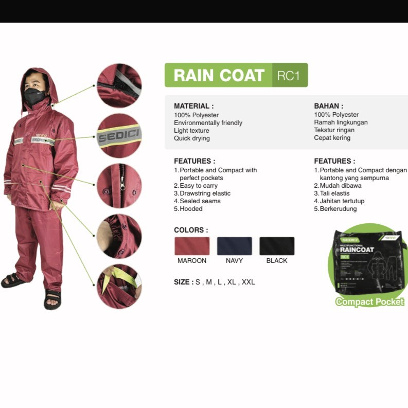 PROMO RAINCOAT JAS HUJAN 9NINE SEDICI RC1 HITAM ORIGINAL SETARA AXIO