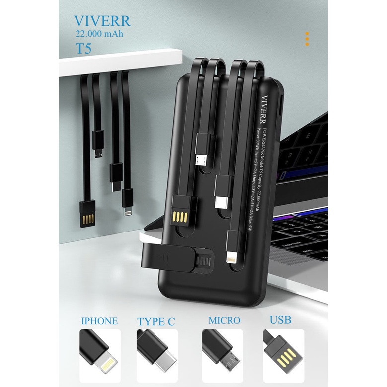 Powerbank VIVERR T5 kapasitas 22.000 mAh Plus holder standing with 3 Output Kabel Garansi 1 Tahun.