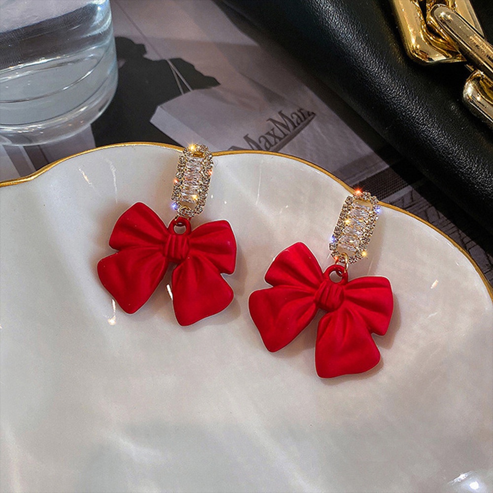 1 Pasang Anting Tusuk Gantung Sterling Silver 925 Desain Pita Merahhitam Hias Berlian Gaya Korea Untuk Wanita