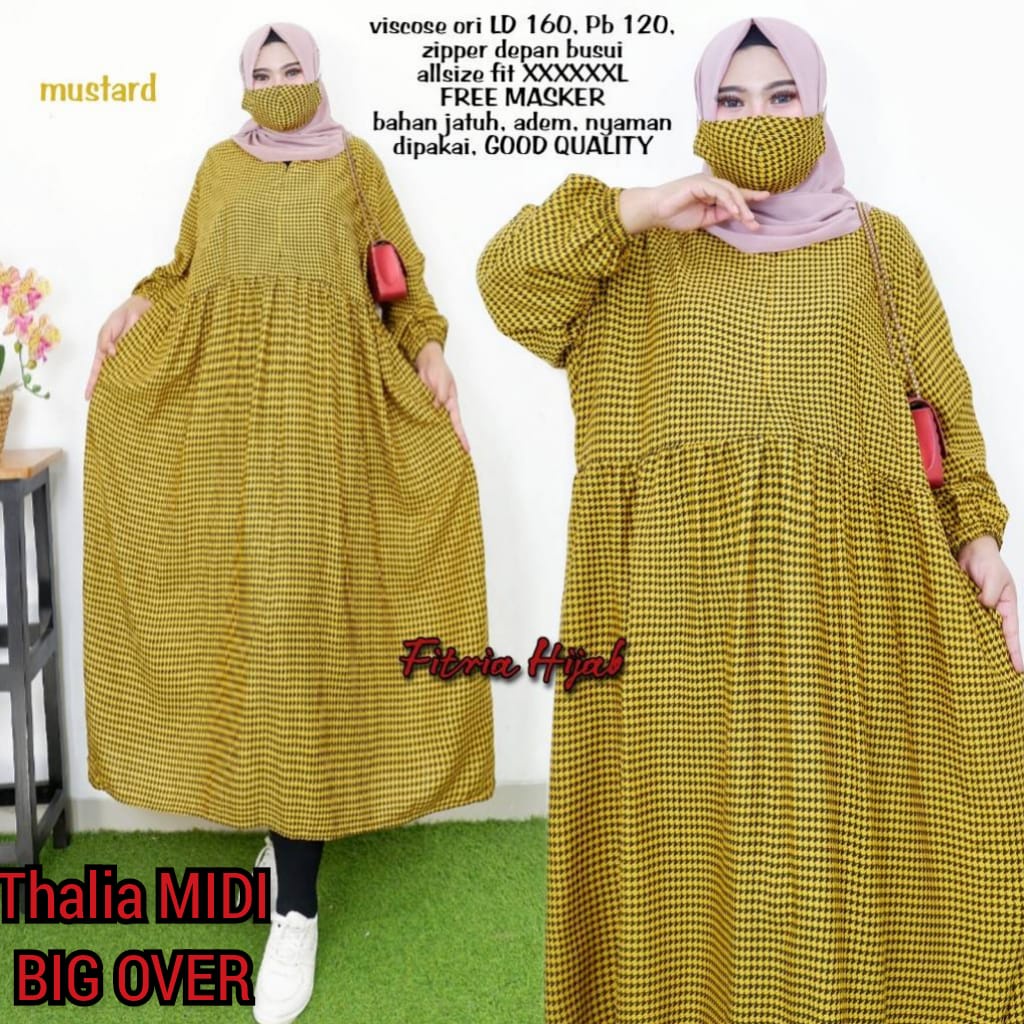 thalia midi dress dres pakaian baju longtunik selutut motif rayon super jumbo ld 160 5l 6l over big 