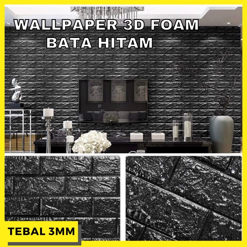 Wallpaper Stiker Dinding 3D Foam Batu Bata Hitam Dekorasi Dinding