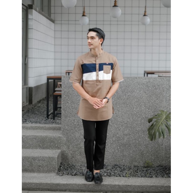 BAJU KOKO KURTA KOMBINASI LENGAN PENDEK WARNA PUTIH MOCCA TOSKA NAVY UKURAN M L XL