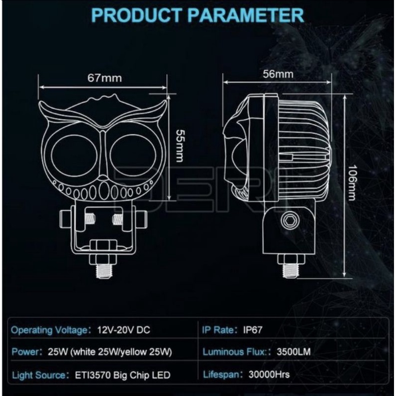 LAMPU TEMBAK OWL LASER HIGH LOW SUPER BRIGHT MODEL BURUNG HANTU DC 25 IP 67 WATERPROOF