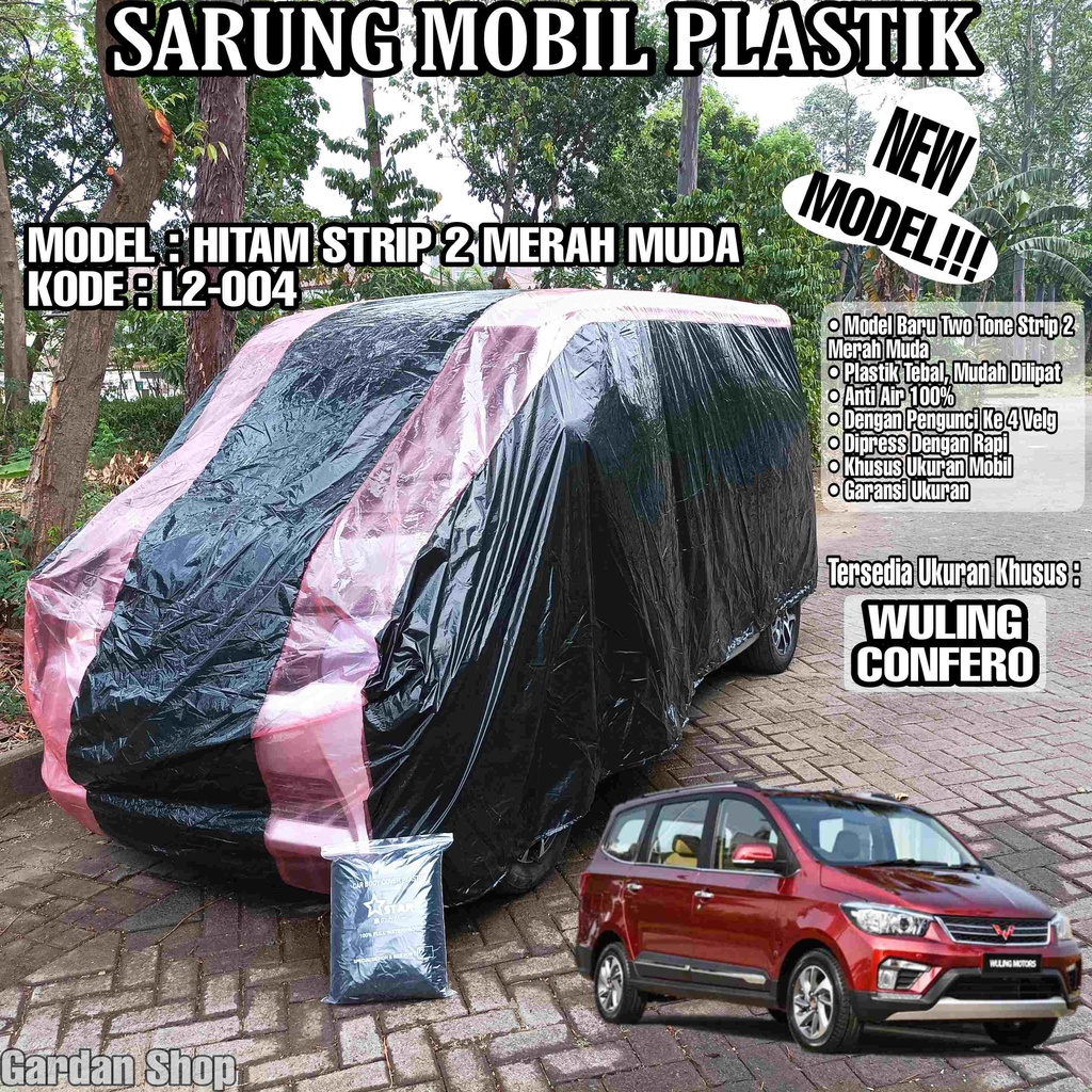 Sarung Mobil Plastik WULING CONFERO Hitam Strip 2 Merah Muda Full Anti Air Full Waterproof