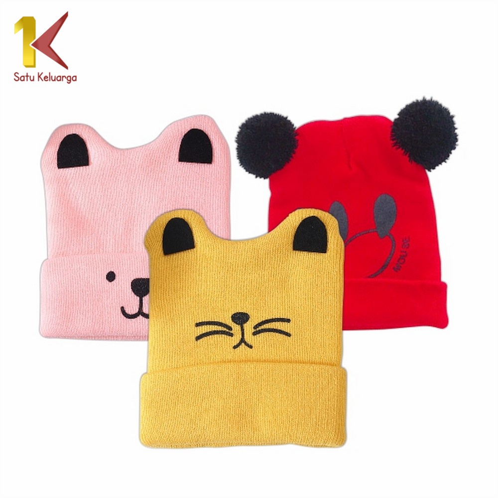 Satu Keluarga Topi Kupluk Anak P17-25 Karakter Kucing | Bear / Topi Rajut Bayi Korea / Topi Anak Lak