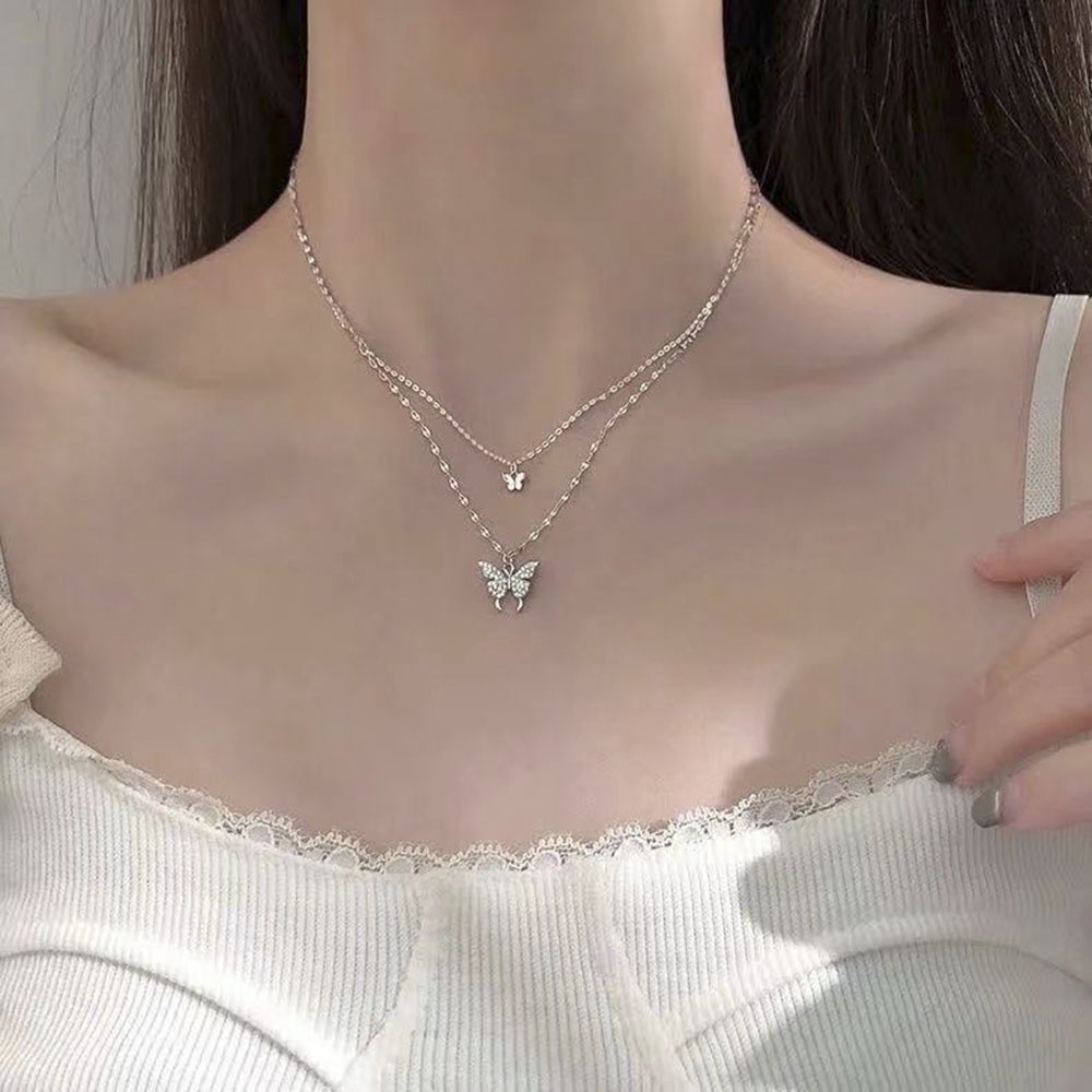 Kalung Kupu-Kupu Ganda | Flash Diamond Fashion Choker Wanita Baru Dalam Rantai Klavikula Korea