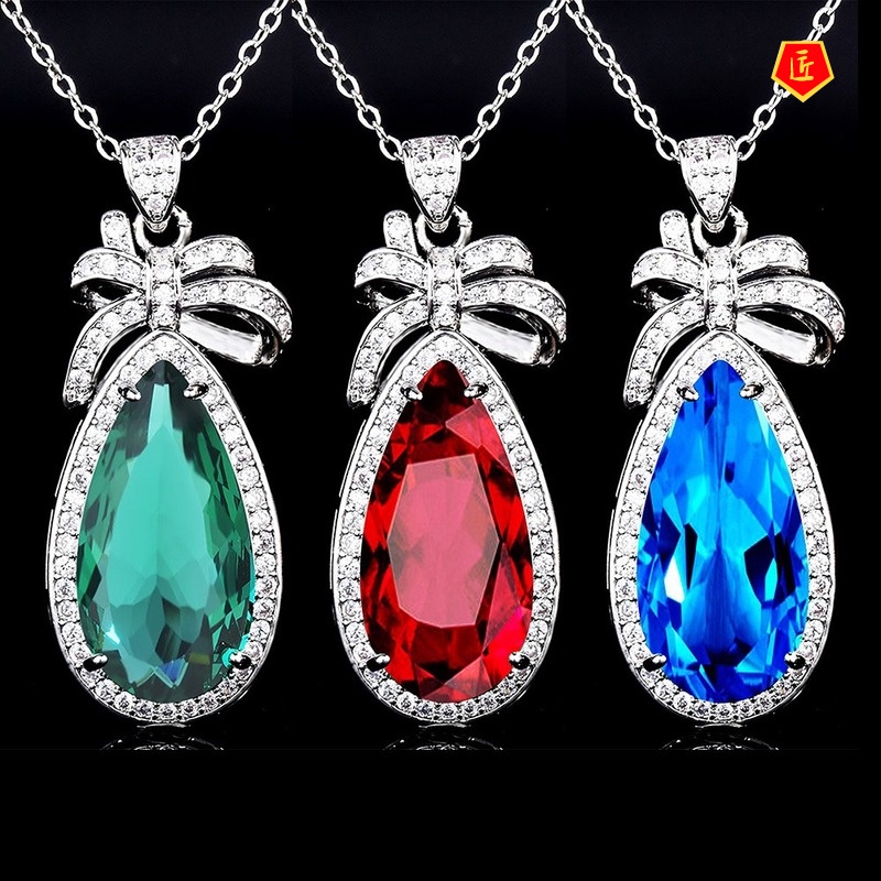 [Ready Stock]Emerald Water Drop Pear-Shaped Pendant Exaggerated Large Colored Gems Necklace