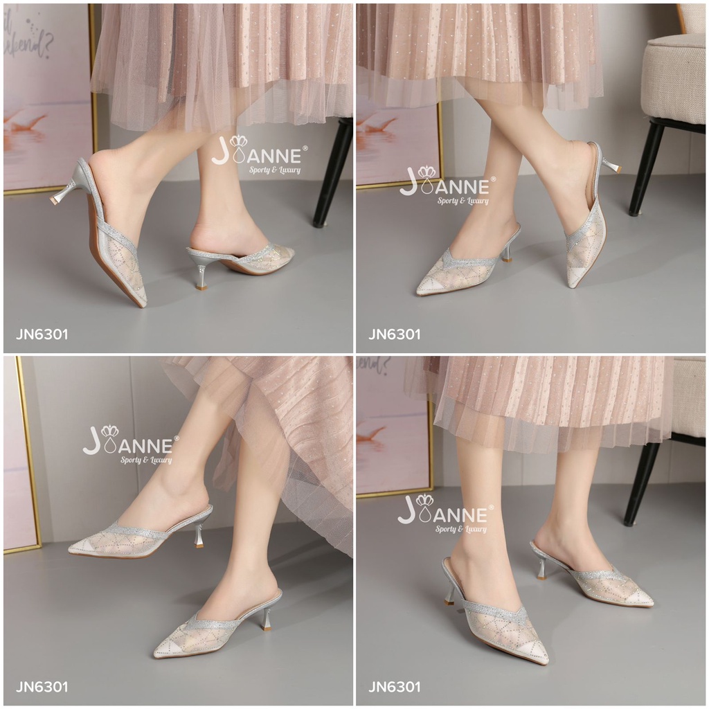 JOANNE Mules Heels Mutiara Glitter Pesta Shoes #JN6301 ORIGINAL