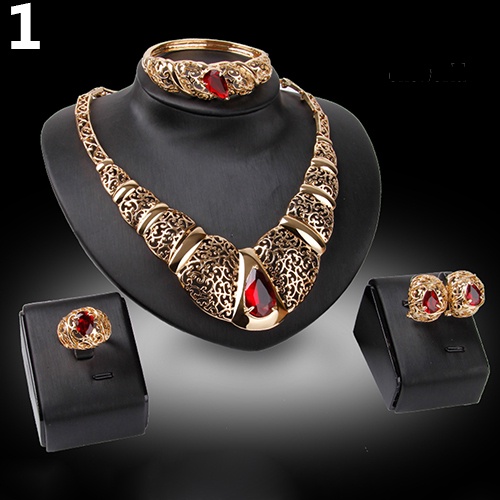 OW@ Luxury African Style Teardrop Rhinestone Hollow KC Gold Plated Lady Jewelry Set