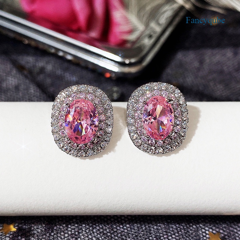 Fancyqube Anting Stud Cubic Zirconia Warna Pink Untuk Wanita