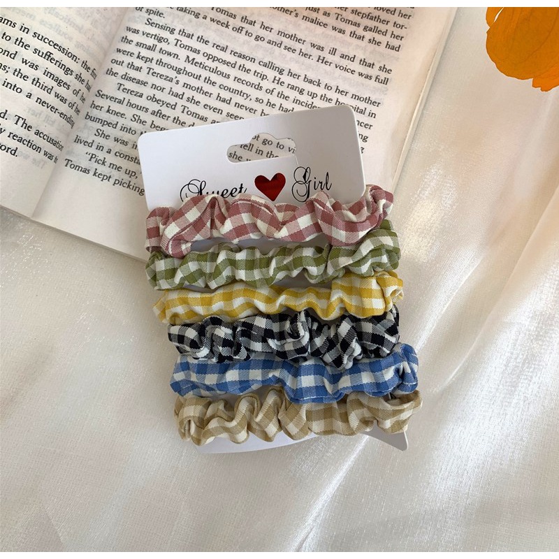 6Pcs Scrunchie Cepol Hijab Karet Rambut Usus Ponytail Elastis Warna-Warni Gaya Korea Retro Wanita Ring Rambut Kotak Shinny