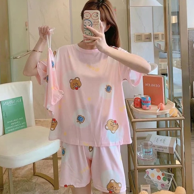 Piyama Baju Tidur Import Wanita Fashion Sleepwear Spandex Stelan Rumah Baju Santai Celana Pendek z-POUCH-OIY Bear Pink