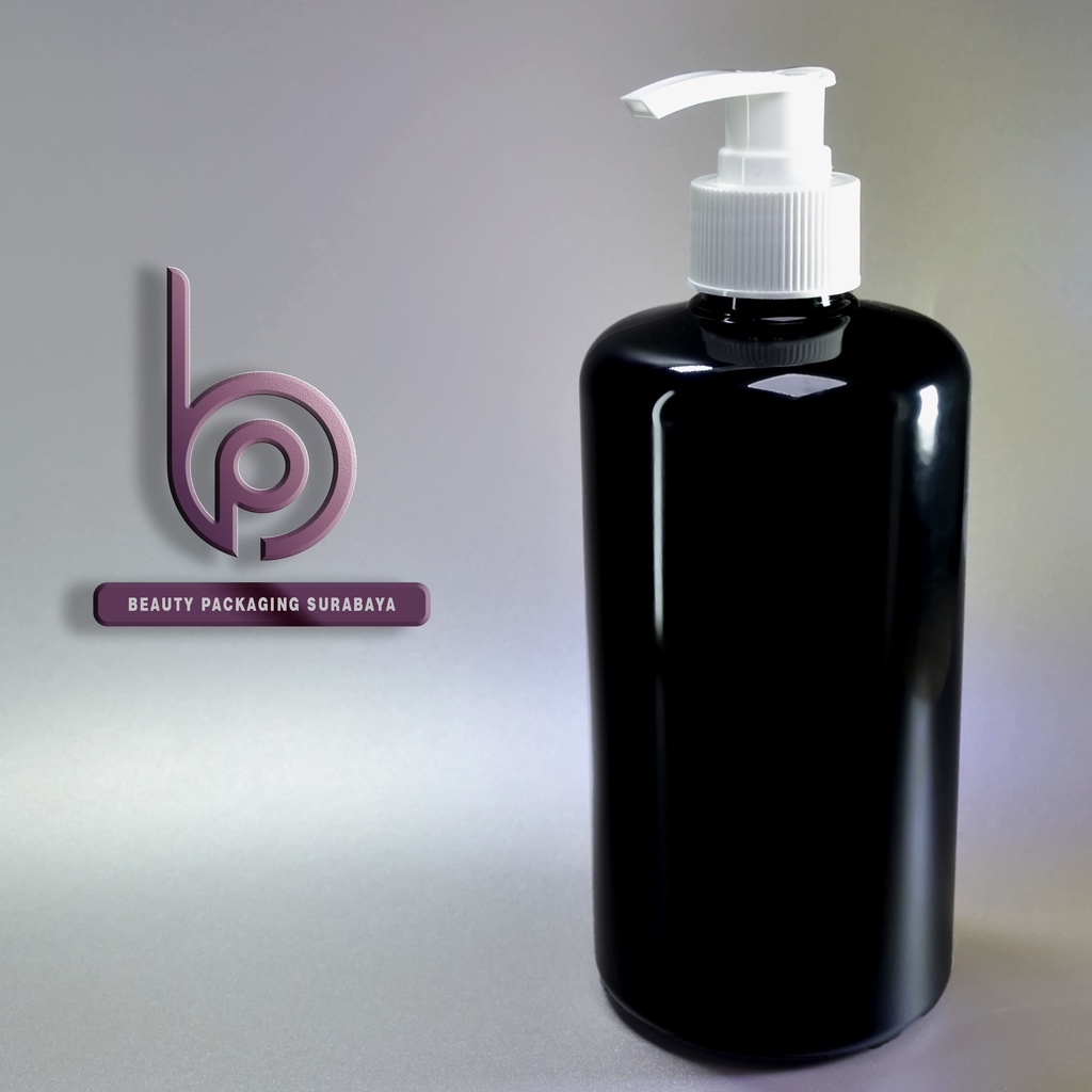 Botol plastik PET 500ml BR 28mm hitam tutup pump lotion