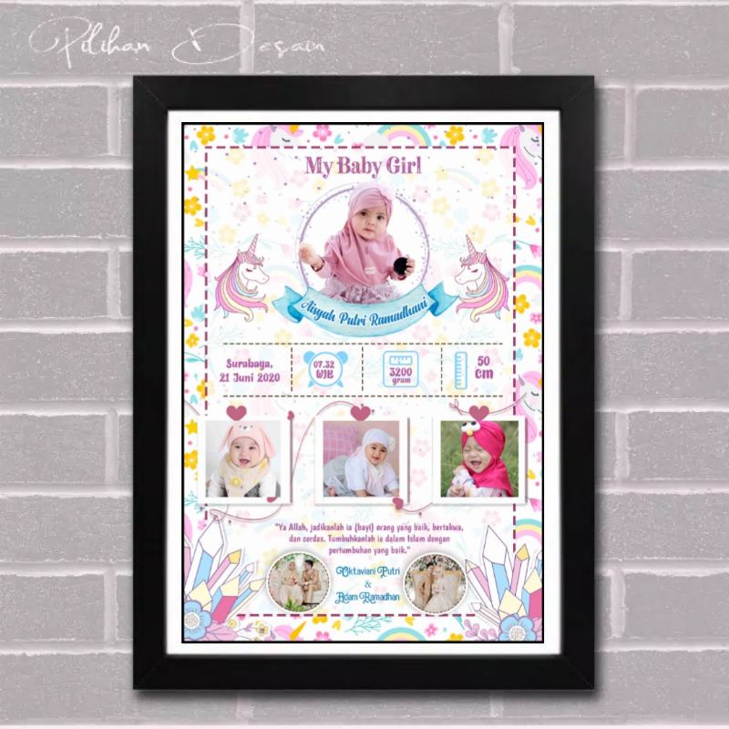 FRAME KACA + CETAK + DESAIN foto biodata anak bayi hadiah gift kado hampers lahiran melahirkan unik