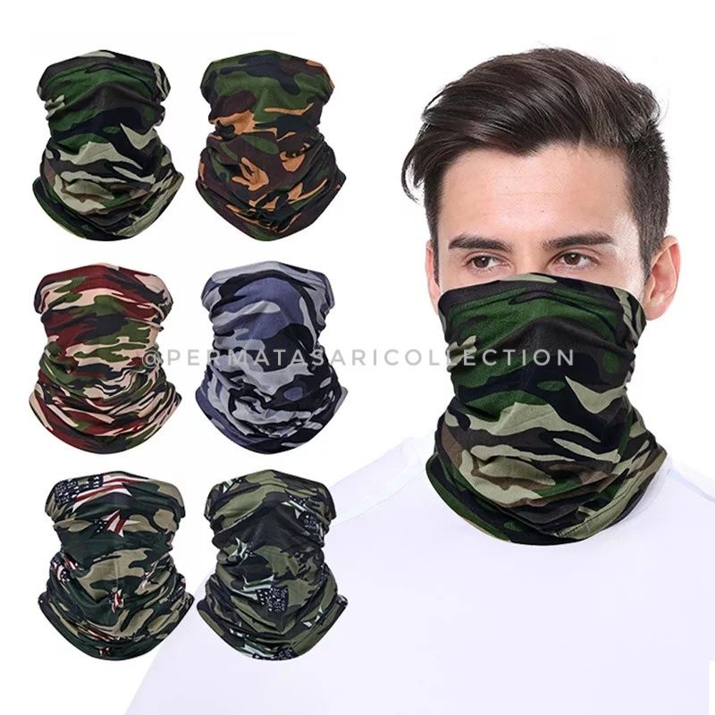 Masker Buff Wajah Multifungsi Pria Wanita Hitam Polos Corak Bandana Motor Olahraga Sepeda Gunung