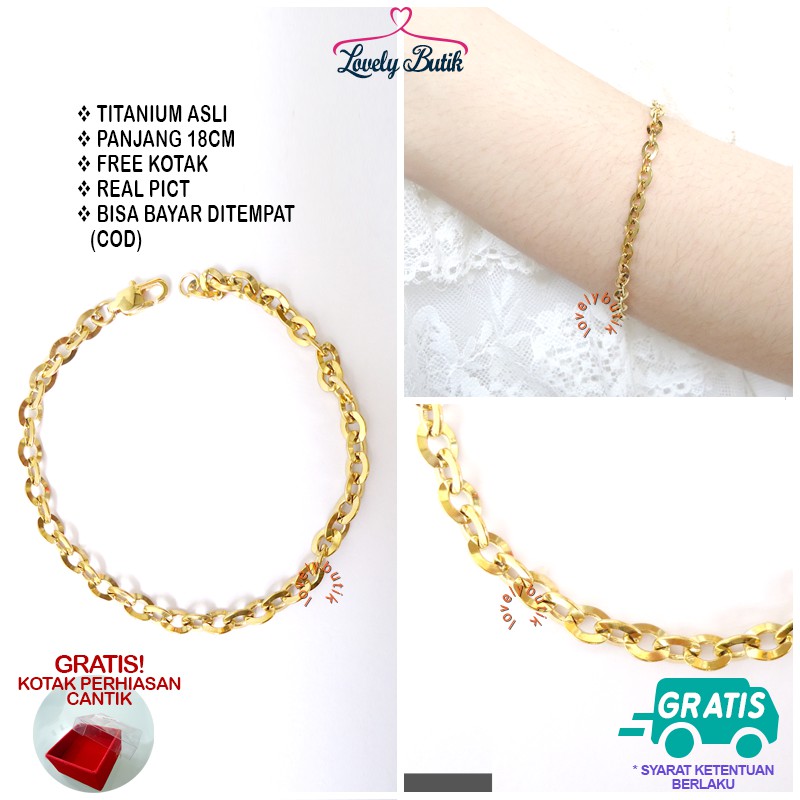 Lovelybutik Gelang Titanium Asli  Anti Luntur Gelang Tangan Wanita Rantai Nori Kaca Ukuran 18 cm