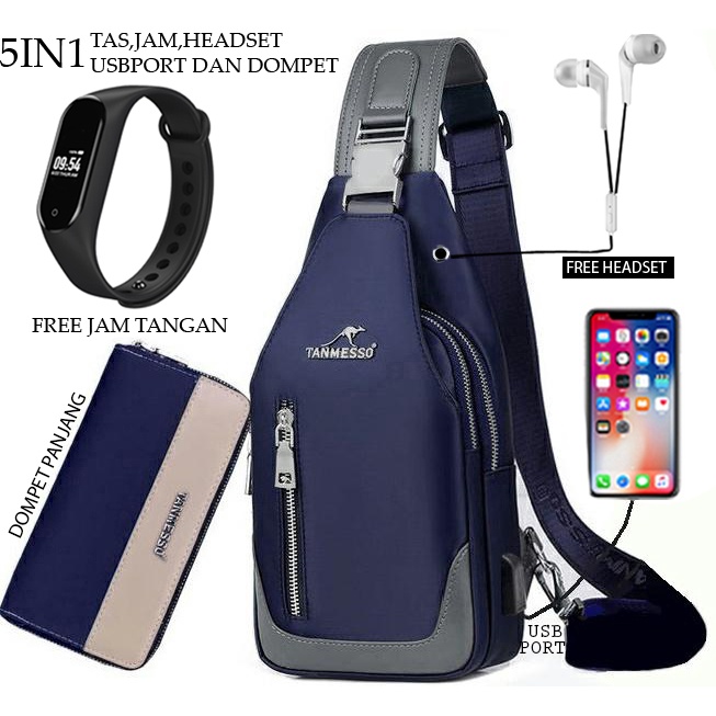 TANMESO 5IN1 BAYAR DITEMPAT- JAM LED - HEADSET- DOMPET -USBPORT -TAS WATERPROOF-BAHAN INTERPILAR SENDIRI KULIT LEMBUT DAN TEBAL MENGANDUNG 70%COTTON BUKAN PARASUT ATAU KANVAS SEPERTI YANG BEREDAR DIPASARAN-TAS SELEMPANG PRIA-SLING BAG PRIA