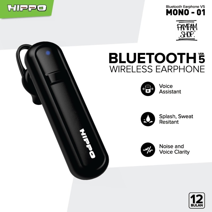 Hippo Single Handsfree Bluetooth V5 Mono 01 Headset Earphone Wireless Versi 5 Original Ori