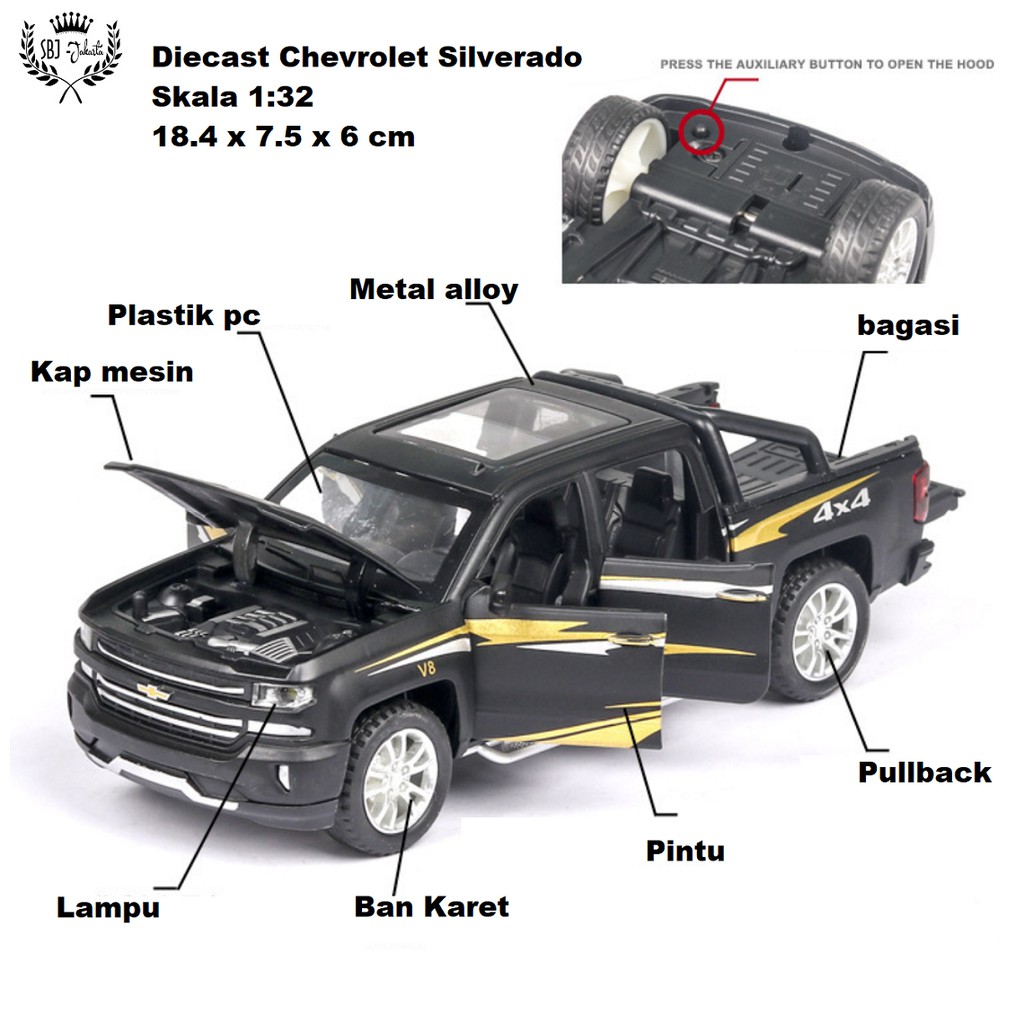 Diecast mobil Chevrolet Silverado 4x4 Metal Series Skala 1:32 Miniatur Mobil Koleksi Pajangan