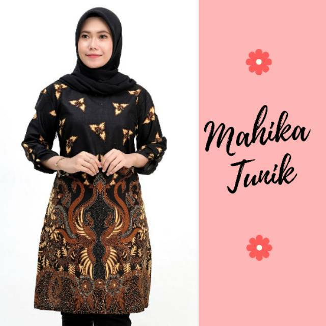 Tunik Mahika Lengan panjang serut dasar hitam  motif coklat  