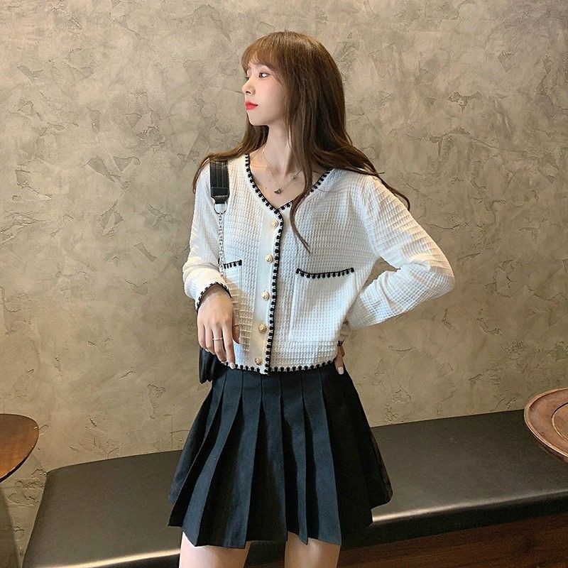 cardigan rajut Korea/atasan v-neck wanita/ cardigan panjang hitam putih