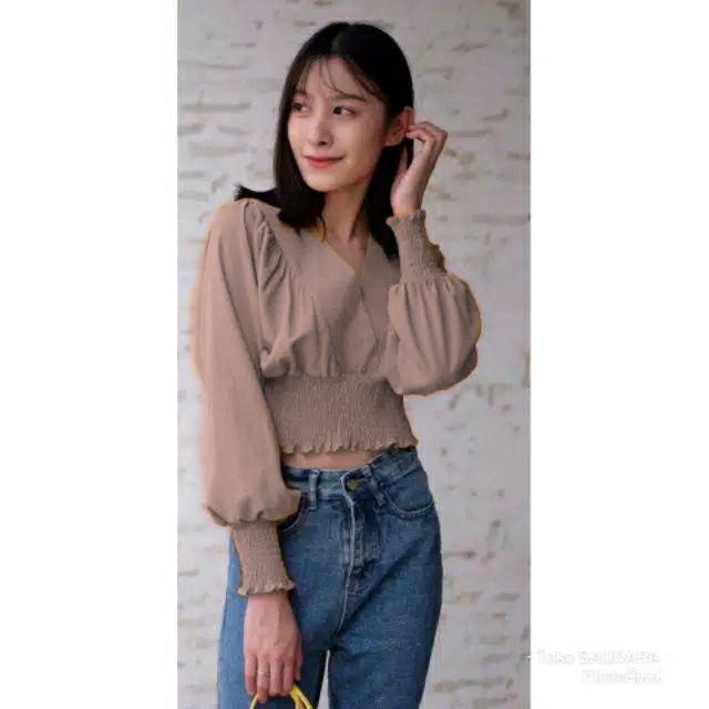 Blouse v neck lengan panjang kerut pinggang